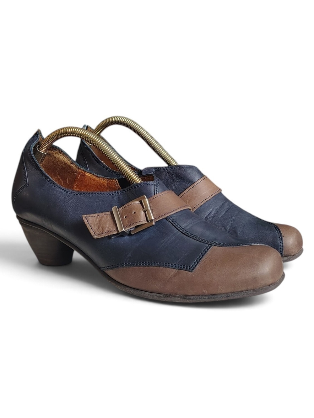 FIDJI Women Navy/Gray Colorblock Leather Square Toe Buckle Heels EU 38 Portugal